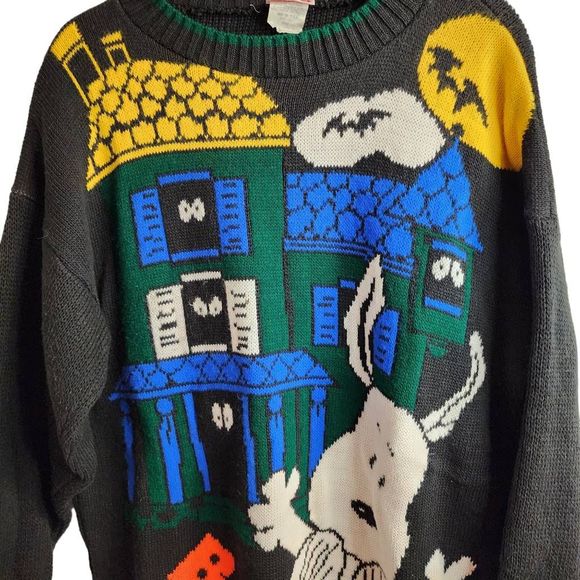 Snoopy & Friends Vintage Halloween Haunted House Snoopy Woodstock Sweater Size L - Picture 4 of 9